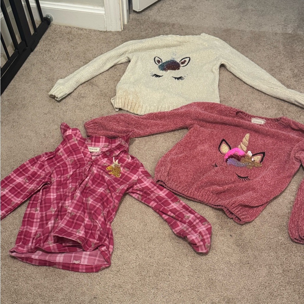Girls Unicorn Sweaters & Pink Plaid Shirt and tee Set